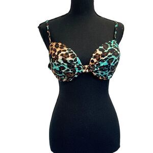 LEOPARD cheetah animal print bikini top Green cream brown black Sz L